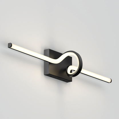 The Artika Bowtie modern LED bathroom vanity light 5 CCT features a black rectangular base and a continuous LED loop at the center, extending horizontally on both sides against a plain light gray wall.