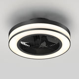 A modern, circular ceiling fan with a built-in LED light ring, featuring black blades and a minimalist design, mounted on a light gray ceiling.
