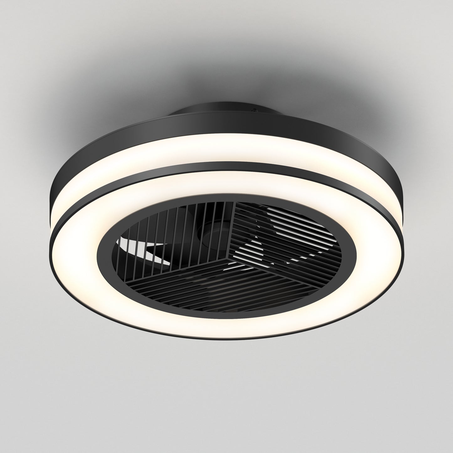The Artika Elton 19.4 in. LED modern ceiling fan features a circular LED light, black outer rim, and central vent with blades. It offers 3 speeds, comes with a remote, and is mounted on a white ceiling.