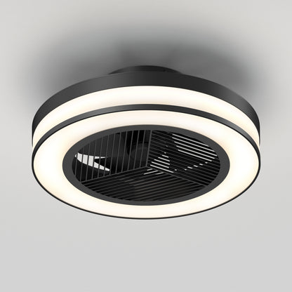 The Artika Elton 19.4 in. LED modern ceiling fan features a circular LED light, black outer rim, and central vent with blades. It offers 3 speeds, comes with a remote, and is mounted on a white ceiling.
