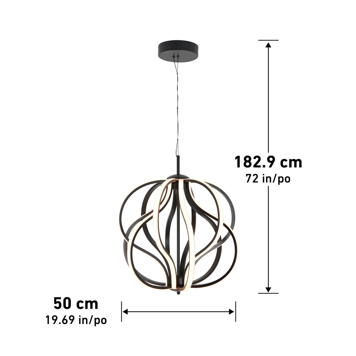 The Artika Meridian LED pendant light features swirling, looped metal bands and integrated LED, suspended from a round ceiling mount. It measures 182.9 cm (72 in) tall and 50 cm (19.69 in) wide, with measurements shown by arrows.