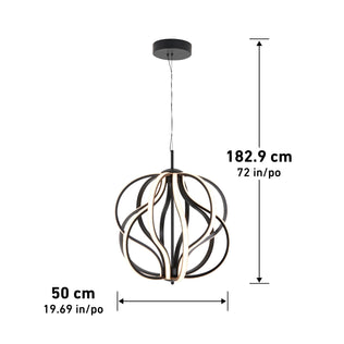 The Artika Meridian LED pendant light features swirling, looped metal bands and integrated LED, suspended from a round ceiling mount. It measures 182.9 cm (72 in) tall and 50 cm (19.69 in) wide, with measurements shown by arrows.