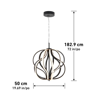 The Artika Meridian LED pendant light features swirling, looped metal bands and integrated LED, suspended from a round ceiling mount. It measures 182.9 cm (72 in) tall and 50 cm (19.69 in) wide, with measurements shown by arrows.