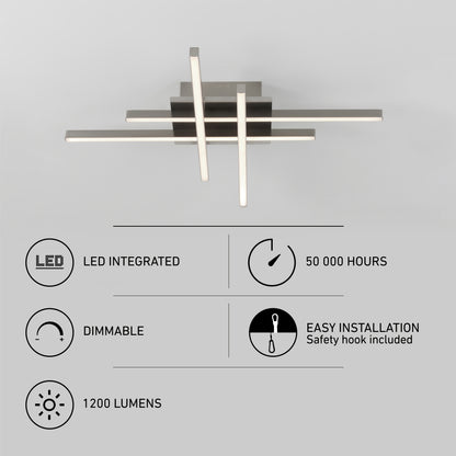 The Artika Grid LED flush mount features intersecting bars, integrated LED with 50,000-hour lifespan, 1200 lumens brightness, dimmable function, and easy installation with a safety hook included.