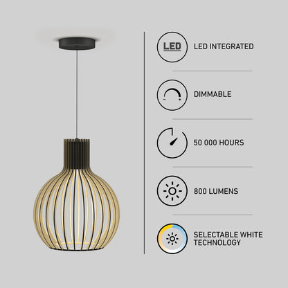 The Tomi LED Pendant Light 3 CCT by Artika features a black and gold open-frame design, integrated dimmable LED with selectable white technology, 800 lumens brightness, and a 50,000-hour lifespan.