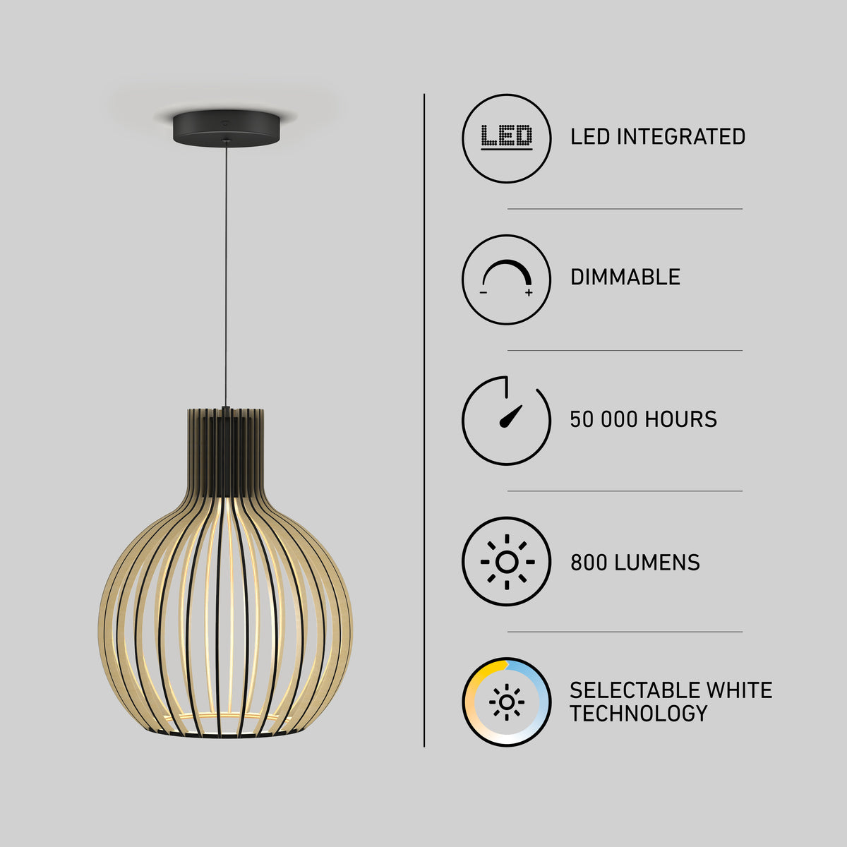 The Tomi LED Pendant Light 3 CCT by Artika features a modern wooden slat design, with icons showing it’s LED integrated, dimmable, offers selectable white technology, shines at 800 lumens for up to 50,000 hours.