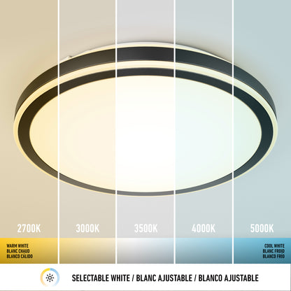 The Artika Altitude 15 in. LED modern flush mount light displays five segments, each with a different color temperature: 2700K, 3000K, 3500K, 4000K, and 5000K. Labels and temperature values appear below the fixture.