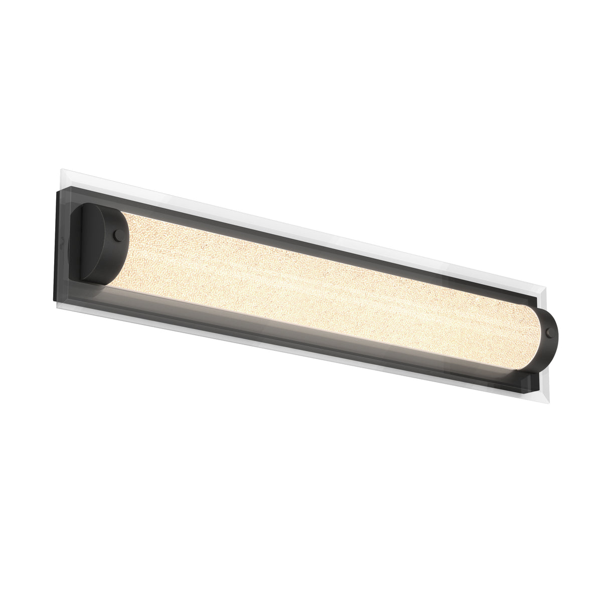 A modern wall-mounted LED light fixture with a rectangular base and a cylindrical frosted light tube, featuring black circular end caps.