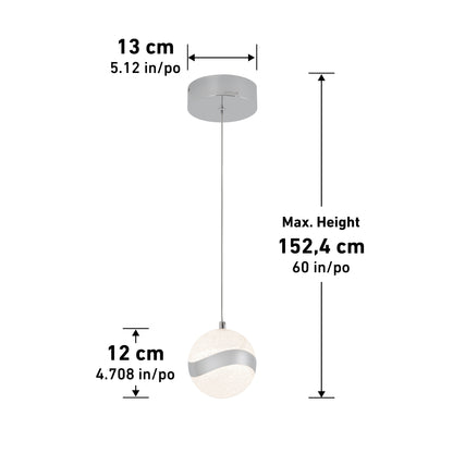 The Artika Wavey LED pendant light features a round 13 cm canopy, hanging cord, and 12 cm spherical shade, with a max hanging height of 152.4 cm. All measurements are shown in both centimeters and inches.