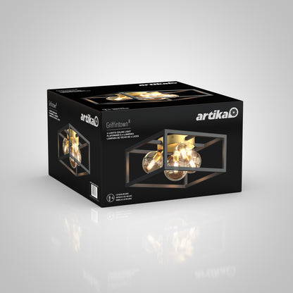 A black Artika box displays the Griffintown flush mount, a modern 3-light ceiling fixture with a geometric metal frame and exposed bulbs, set against a gray gradient background.