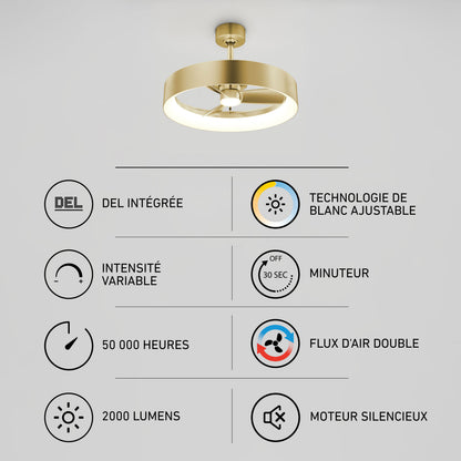 Artika Austin 23″ LED fandelier: modern gold, remote, color/timer, 50K hrs, silent motor, double airflow & 2000 lumens.