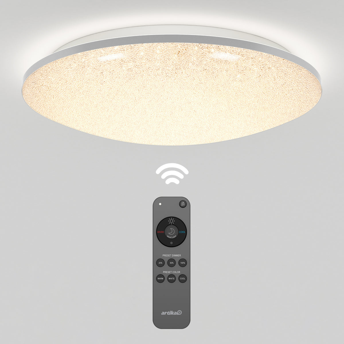 A modern round ceiling light emitting a warm glow is mounted on a white ceiling. Below it, a black remote control is displayed, showing several buttons and a wireless signal icon.
