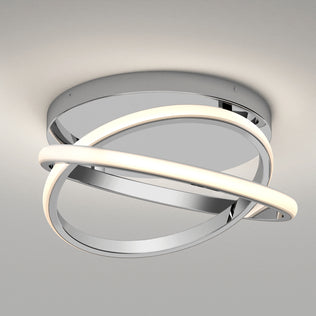 The Artika Orbia modern LED flush mount light 3 CCT features a chrome base with two intersecting, curved LED strips—one lit, one reflective—for a sleek, contemporary look.