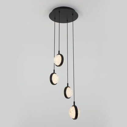 The Artika Avalon 4-light LED pendant features four hanging lights with circular cracked glass shades and black metal accents, each suspended at different heights from a round black base.