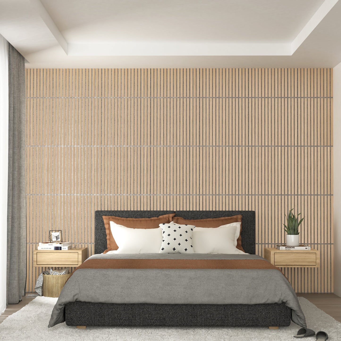 A modern bedroom featuring the Sonolok 15.5 ft sound-absorbing wall panel kit by Artika-CAN-dev as a textured accent wall, a dark upholstered bed, gray and brown bedding, wooden nightstands, a potted plant, and light-curtained windows.