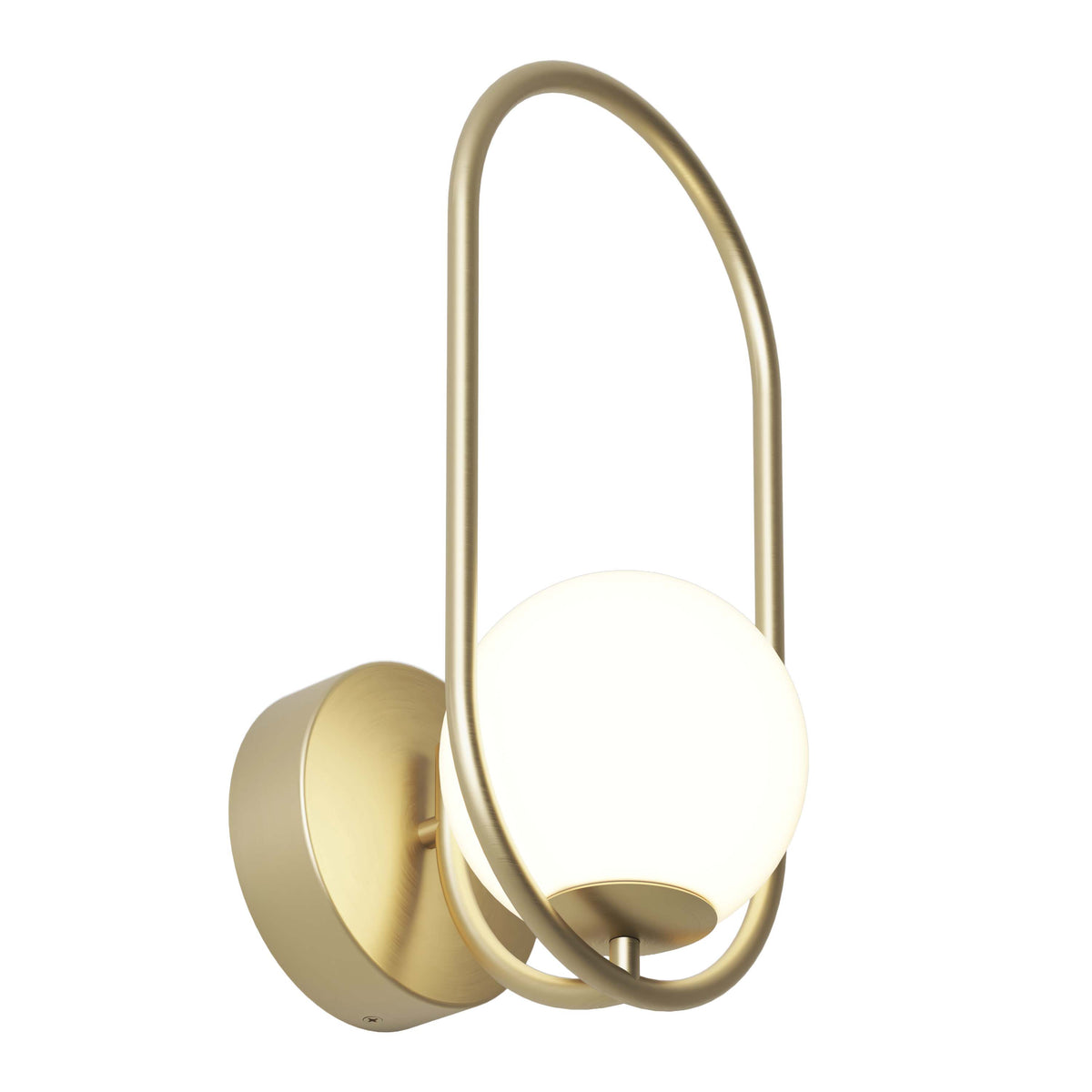 A modern wall sconce with a gold metal frame featuring a rounded base and an oval loop encircling a glowing white glass globe light.