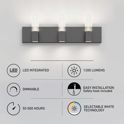 The Artika Hologram LED modern bathroom vanity light 5 CCT features a sleek three-light design, integrated LED, dimmable function, 50,000-hour lifespan, 1200 lumens, easy installation, and selectable white technology.