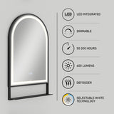 Arched LED mirror with touch controls, featuring icons and text highlighting LED integration, dimmable light, 50,000-hour lifespan, 600 lumens, defogger, and selectable white color temperature technology.