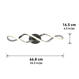 The Artika Swirl modern LED bathroom vanity light features two intertwined LED bars on a round black base with integrated LEDs. Size: 66.8 cm (26.3 in) wide x 16.5 cm (6.5 in) tall.