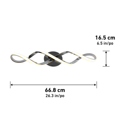 The Artika Swirl modern LED bathroom vanity light features two intertwined LED bars on a round black base with integrated LEDs. Size: 66.8 cm (26.3 in) wide x 16.5 cm (6.5 in) tall.