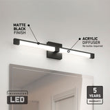 A modern matte black LED vanity light with an acrylic diffuser is mounted above a mirror. Text highlights its matte black finish, acrylic diffuser, integrated LED (no bulbs needed), and a 5-year warranty.