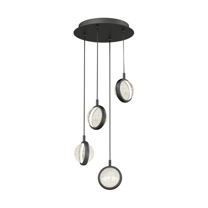 The Artika Avalon 4-light LED pendant features four circular rings with textured inner surfaces, suspended at varying lengths from a round black ceiling mount for a stylish modern look.