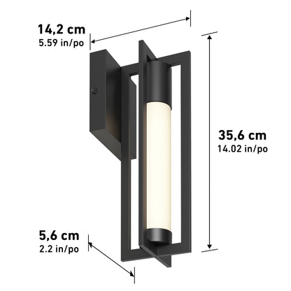 The Walt indoor-outdoor LED wall light by Artika features a rectangular black frame and cylindrical light, measuring 35.6 cm (14) tall, 14.2 cm (5.6) wide, and 5.6 cm (2.2) deep; dimensions shown in cm and inches.