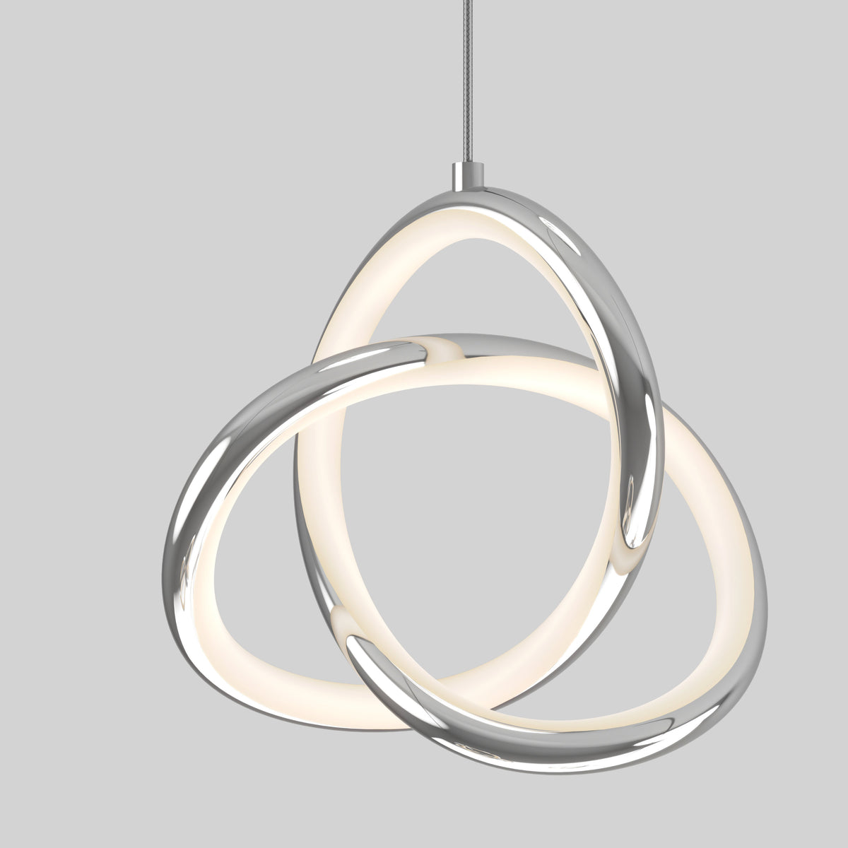 A modern pendant light with three interlocking, metallic rings featuring built-in LED illumination, suspended from a cord against a plain light gray background.