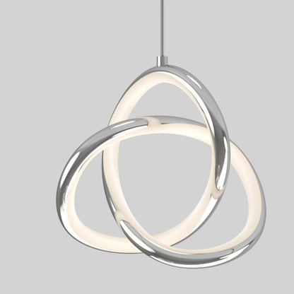 The Artika Zephyr 3-light LED pendant features three interlocking rings with a polished chrome finish, integrated LED illumination, and hangs from a cord against a plain light gray background.