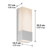 Modern rectangular wall light with a brushed metal finish and frosted cover, measuring 33.2 cm (13.07 in) tall, 13.7 cm (5.39 in) wide, and 9.1 cm (3.58 in) deep. Black arrows indicate dimensions.