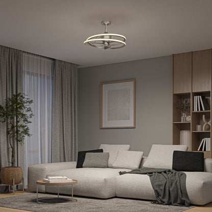 Modern living room featuring a large light gray sectional, black and gray cushions, round coffee table, bookshelf, potted plant, sheer curtains, and the Artika Coda 23 in. LED modern ceiling fan with remote overhead.