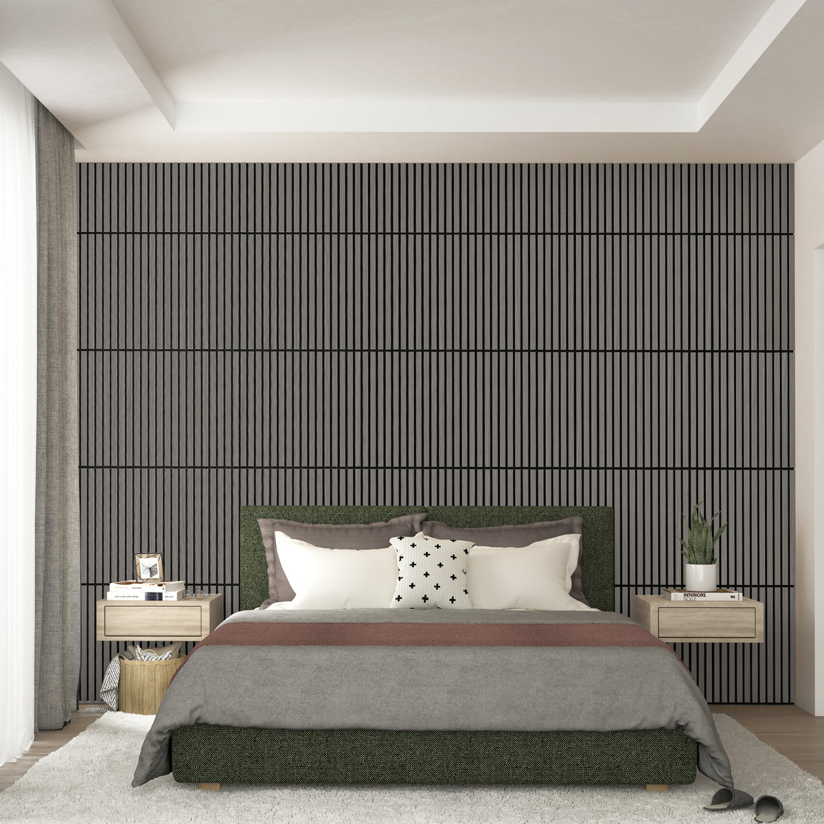 Modern bedroom with a green upholstered bed, neutral bedding, two floating nightstands with lamps, and a textured accent wall with vertical lines. A white rug covers the floor, and large windows let in natural light.