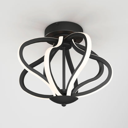 The Artika Meridian LED flush mount light features modern intertwined curved LED strips in black, shown mounted on a white ceiling.
