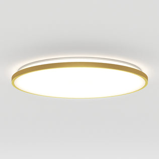 The Artika Europa 21 in. LED modern flush mount light features a round design with a gold rim and bright white center, and mounts seamlessly on a plain white ceiling. Comes with remote control for easy operation.