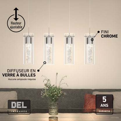 Artika Essence 4-light LED pendant with bubble glass cylinders, adjustable height, and chrome finish for living room lighting.