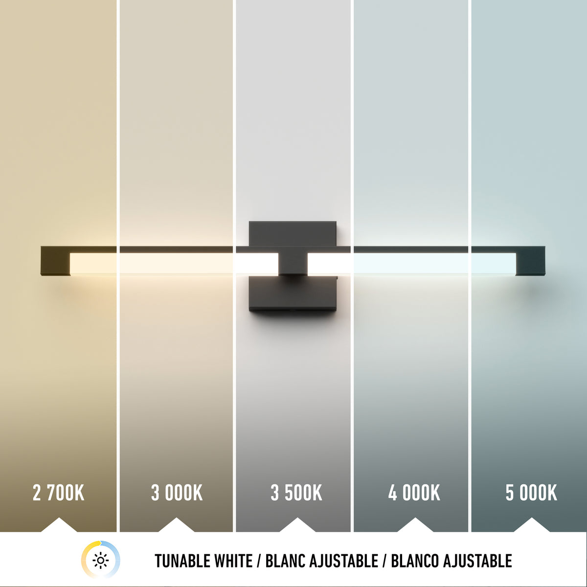 A wall-mounted light fixture is shown displaying five different white light temperatures, ranging from warm 2700K to cool 5000K, with each section labeled and shifting in color from yellowish to bluish tones.