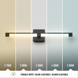 A wall-mounted light fixture is shown displaying five different white light temperatures, ranging from warm 2700K to cool 5000K, with each section labeled and shifting in color from yellowish to bluish tones.
