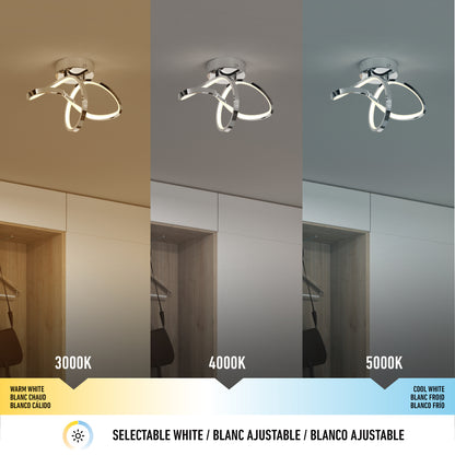 A ceiling light fixture shown in three color temperatures: warm white (3000K), neutral white (4000K), and cool white (5000K), each lighting a hallway with a coat rack and wooden accents.