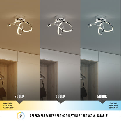 The Artika Loop modern LED flush mount light 3 CCT is shown in three panels, each displaying a different color temperature—3000K (warm), 4000K (neutral), and 5000K (cool)—illuminating the same room.