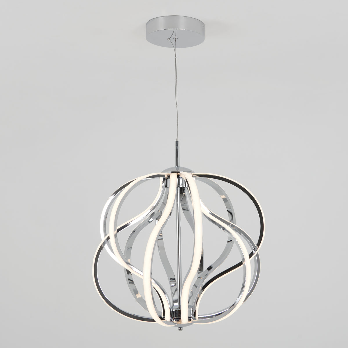 A modern pendant light fixture with curved, chrome-finished arms and integrated LED strips, forming a spherical, sculptural design, suspended from the ceiling by a thin cord.