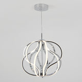 A modern pendant light fixture with curved, chrome-finished arms and integrated LED strips, forming a spherical, sculptural design, suspended from the ceiling by a thin cord.