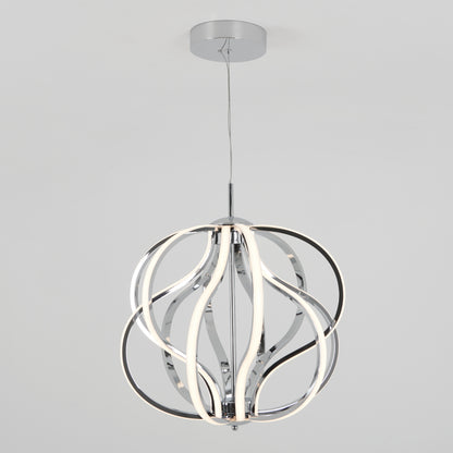 The Meridian LED pendant light by Artika features intertwined chrome and white LED strips, suspended from the ceiling by a thin cord against a plain light gray background.