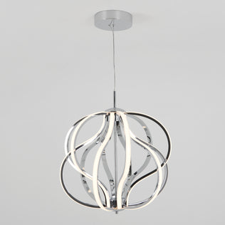 The Meridian LED pendant light by Artika features curved chrome metal bands and integrated LED strips, suspended from a round mount against a white background—a striking example of contemporary lighting.