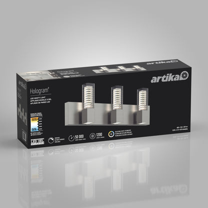 A black Artika box for the Hologram LED modern bathroom vanity light 5 CCT displays an image of the fixture, product details, and key specs such as a 50,000-hour lifespan and 1200 lumens on the front.