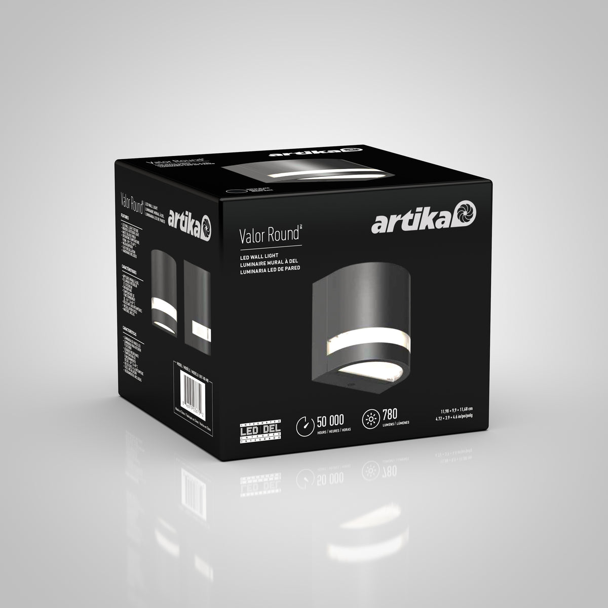 Artika Valor Round LED indoor-outdoor wall light box features image, specs, and details on a gray background.