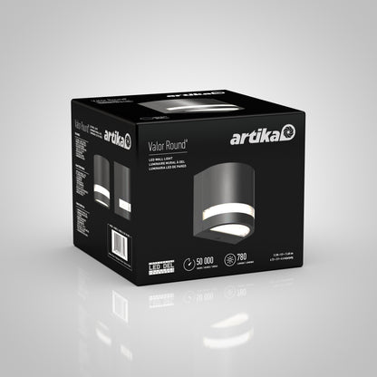 Artika Valor Round LED indoor-outdoor wall light box features image, specs, and details on a gray background.