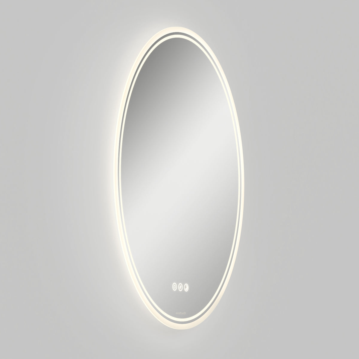 A round, wall-mounted mirror with LED lighting around its edge is shown against a plain light grey background. The mirror has touch controls at the bottom center.