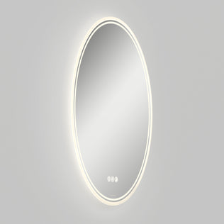 The Artika Corby 22 in. x 28 in. LED mirror features built-in edge lighting, touch controls at the bottom center, and a defogger, all set against a plain light gray background.