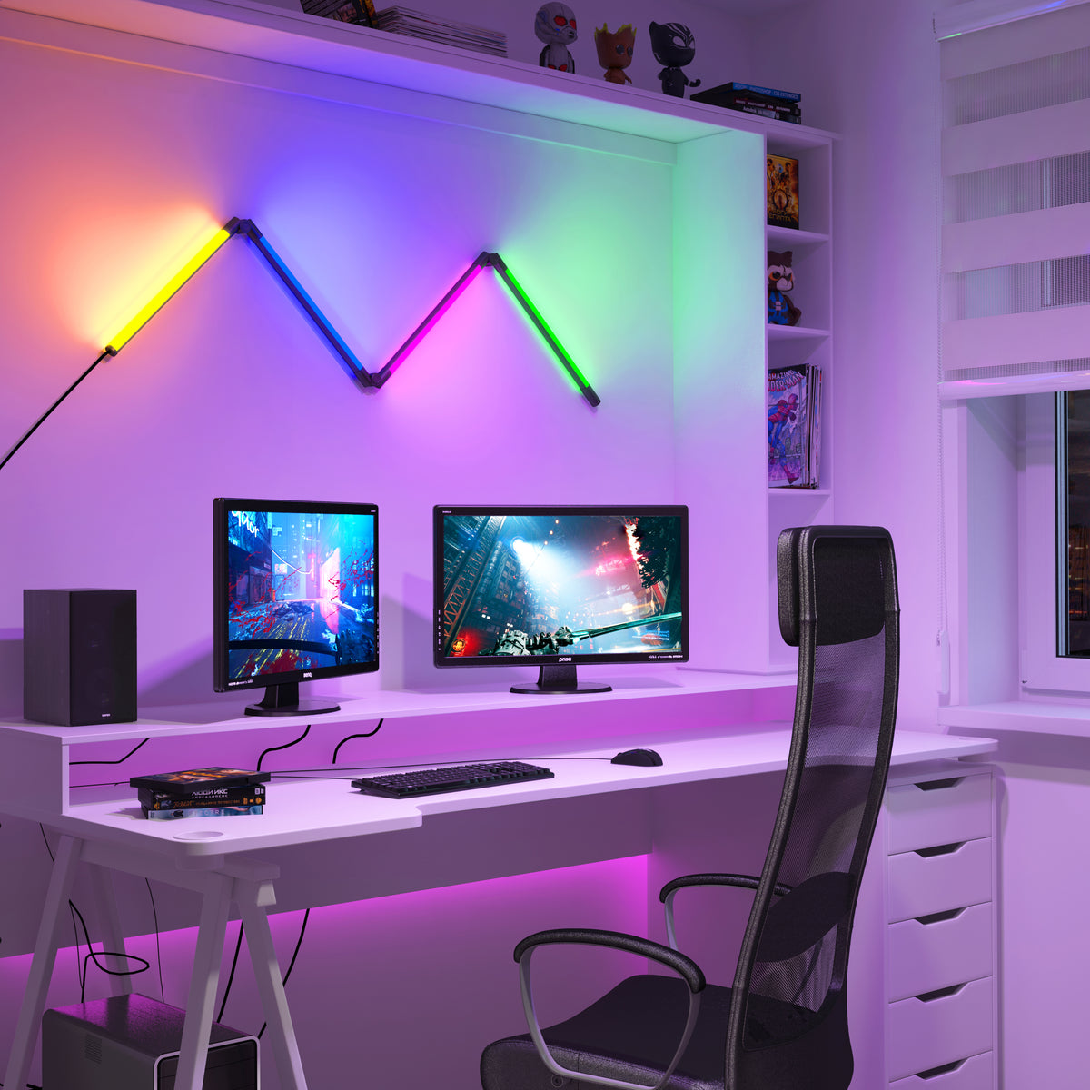 A modern gaming setup with dual monitors on a white desk, a black chair, RGB light bars on the wall displaying colorful lights, and shelves with figurines, games, and books in a room with purple ambient lighting.