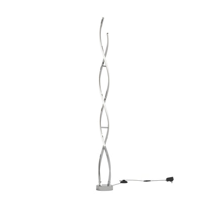 The Artika Swirl modern LED floor lamp features three intertwined curved light strips on a round base, shown on a white background with its power cord and plug visible.